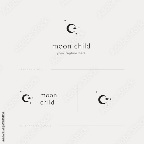 Moon Logo Concept, Moon Child, Spiritual, Lunar, Celestial Logo Template, Moon and Stars Icon, Vector Design.
