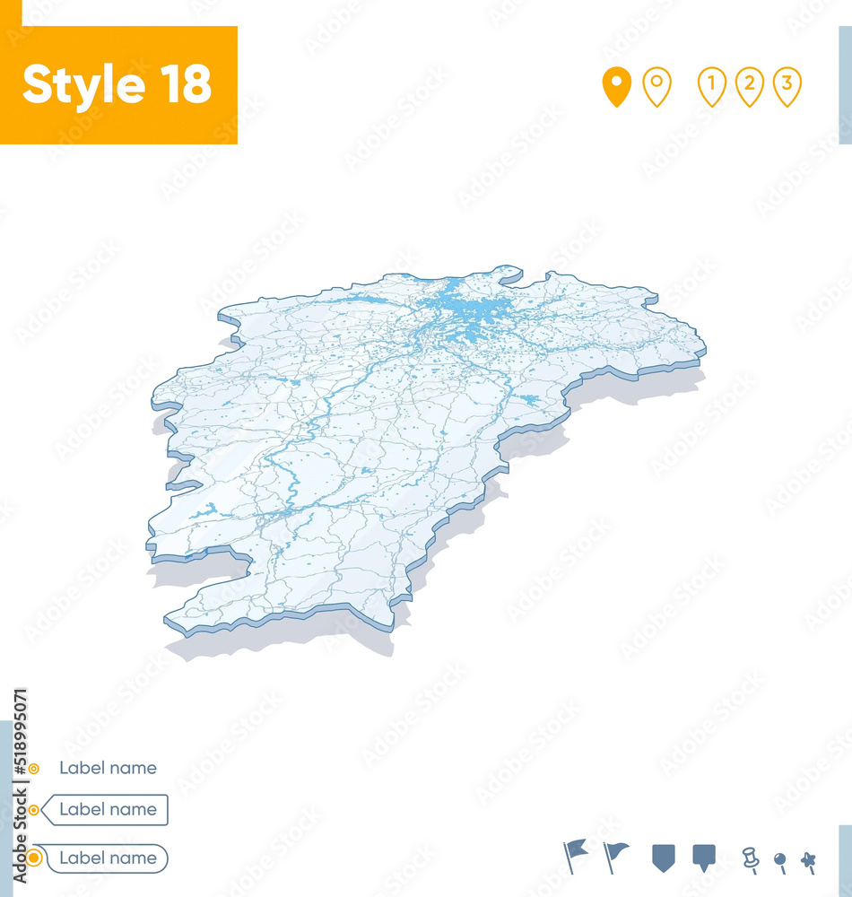 Jiangxi, China - 3d map on white background with water and roads. Vector map with shadow.