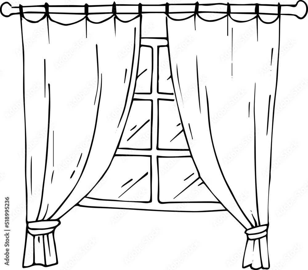 Window with curtains drawing coloring book. Vector illustration. Stock  Vector | Adobe Stock