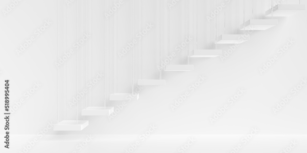 Hanging white stairs or steps going up on white wall background, business achievement or career goal concept Hanging white stairs or steps going up on white wall background, business achievement or career goal concept