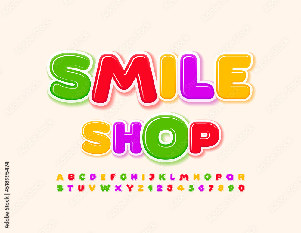 Vector colorful banner Smile Shop. Cute bright Font. Kids style Alphabet Letters and Numbers set