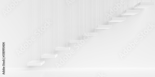 Hanging white stairs or steps going up on white wall background, business achievement or career goal concept