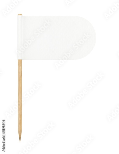 Rounded edge rectangle shaped toothpick paper flag with wooden pole isolated on white background with copy space and room for text, white paper flag template cut-out