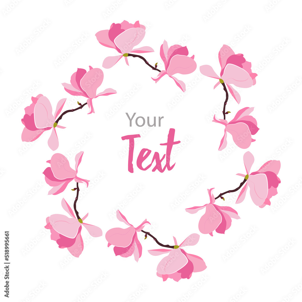 Set of blooming Japanese magnolia branches. Beautiful frame for thanking text, wedding inviting, web banner. Editable vector illustration