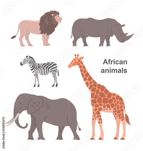 African animals set. Big elephant  giraffe  rhinoceros  lion and zebra. Herbivorous and carnivorous. Wildlife mammal. Fauna zoology. Flat vector collection illustration isolated on white background