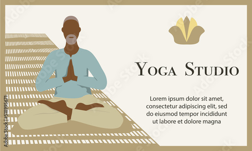 Senior man practicing lotus asana. Yoga studio banner. Copy space Horizontal vector illustration