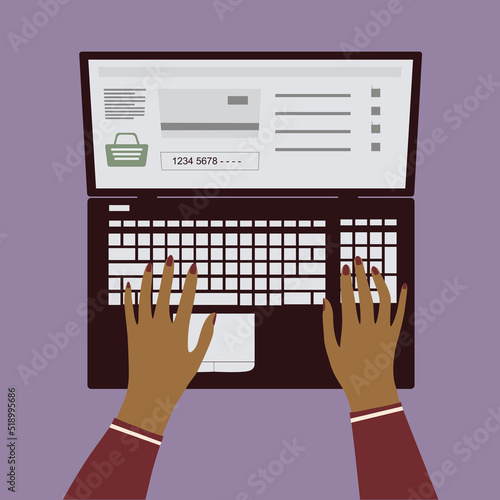 Online shopping Hands and laptop. Human enters bank card details to pay for purchases. Isolated vector illustration