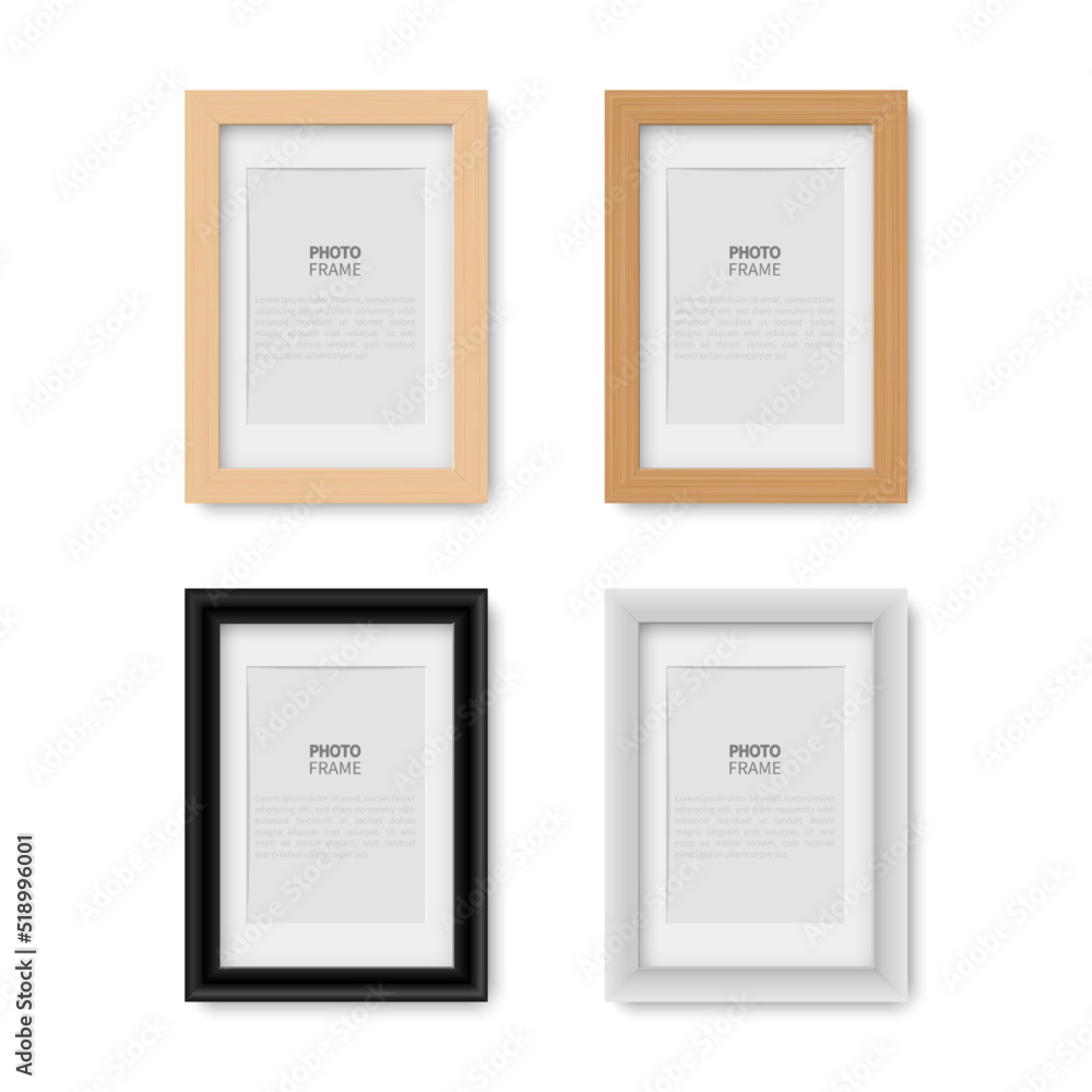 Blank picture frame, realistic vertical picture frame, isolated on white background, vector illustration Blank picture frame, realistic vertical picture frame, isolated on white background, vector illustration