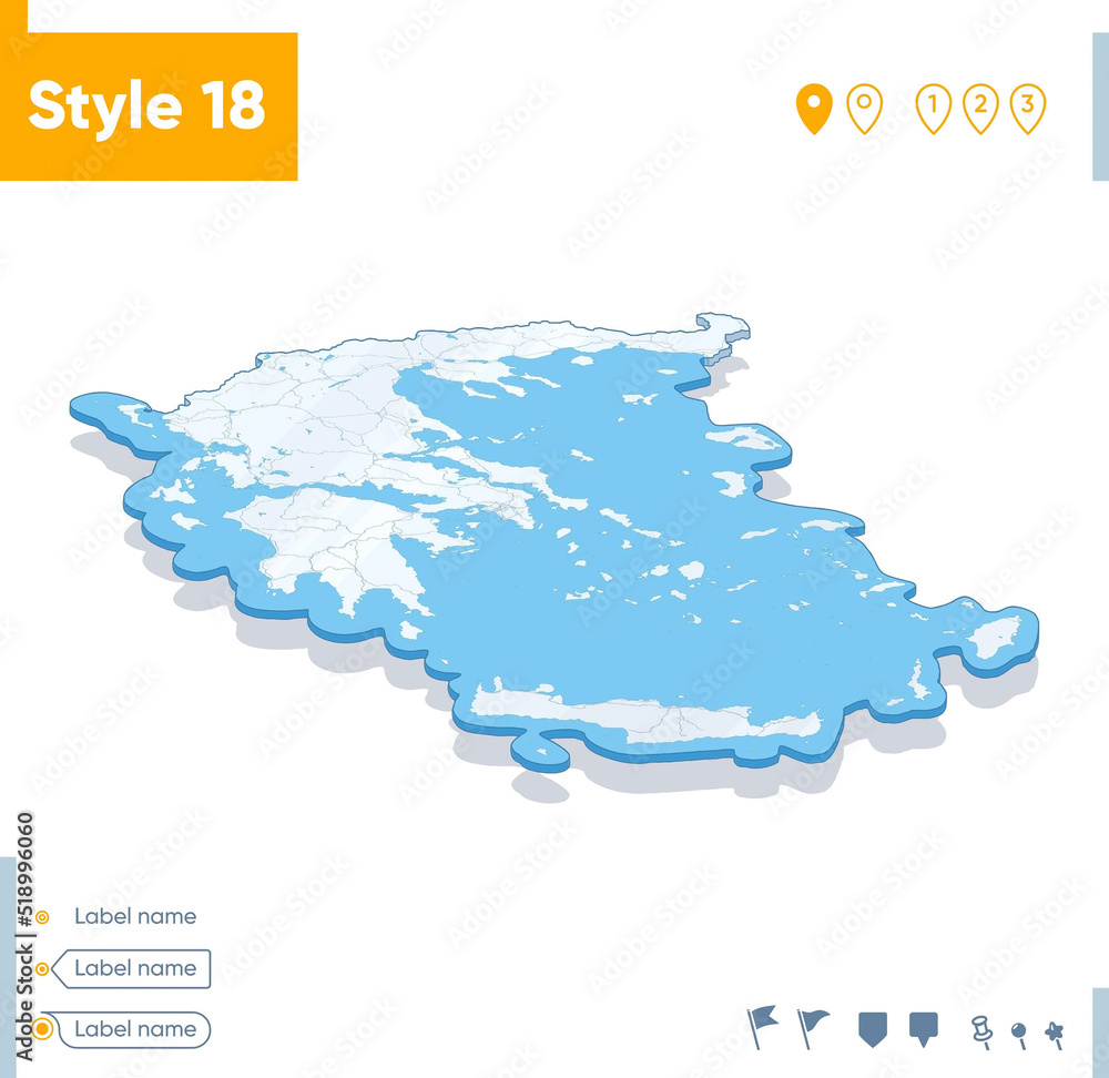 Greece - 3d map on white background with water and roads. Vector map with shadow.