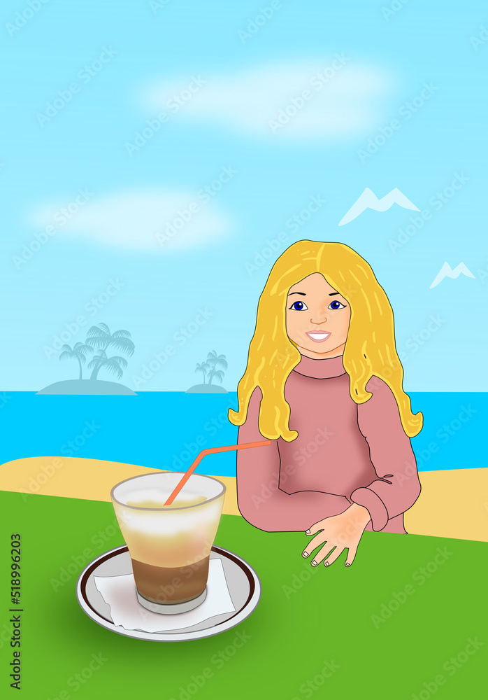 A young girl sitting by a table, on the beach, with a cup of coffee.
