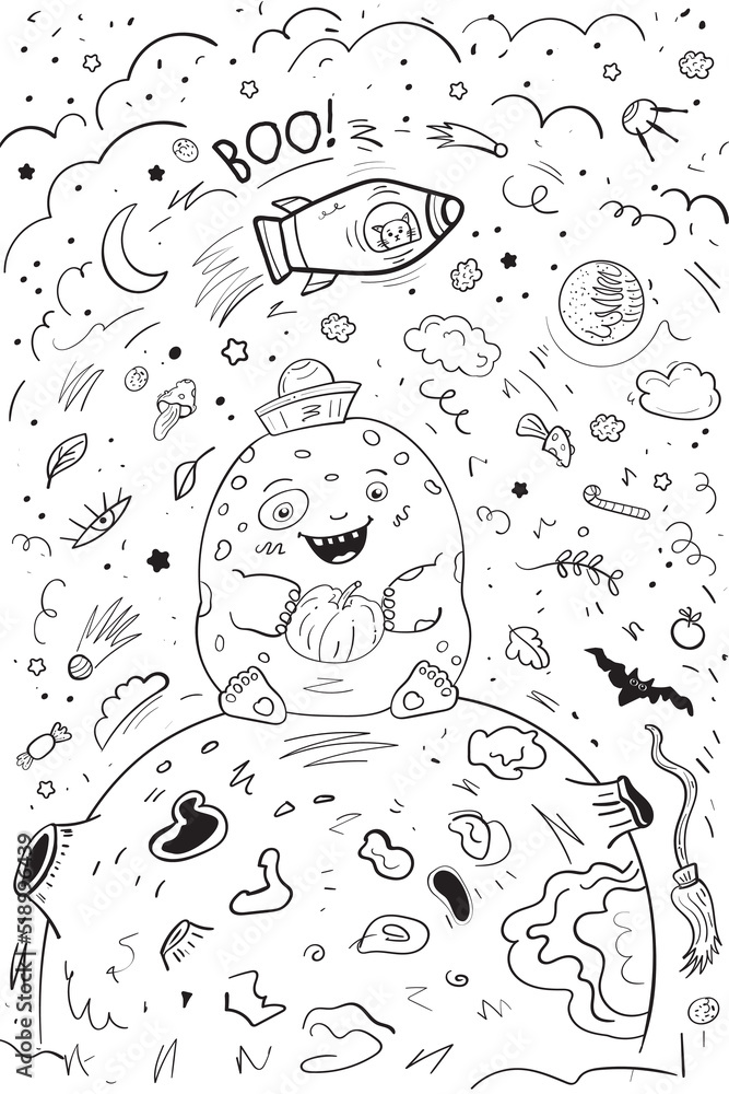 Cute space doodle monster. Illustration coloring page Stock Vector ...