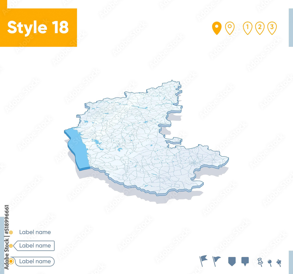 Karnataka, India - 3d map on white background with water and roads. Vector map with shadow.