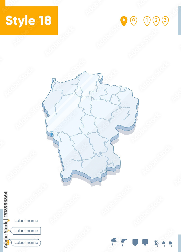 Mizoram, India - 3d map on white background with water and roads. Vector map with shadow.