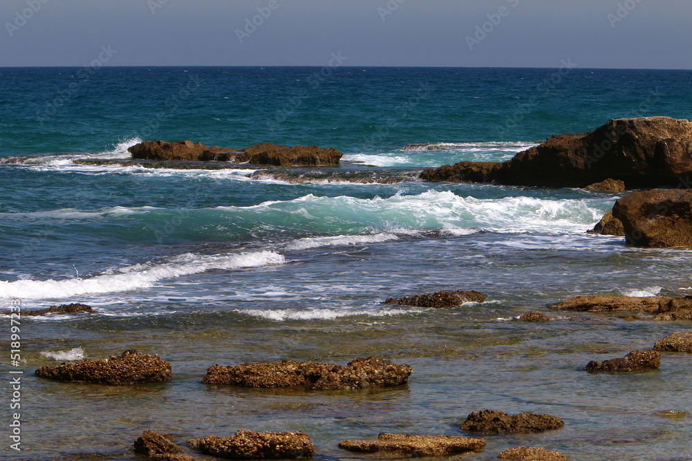 Rocky shore of the Mediterranean Sea in northern Israel.