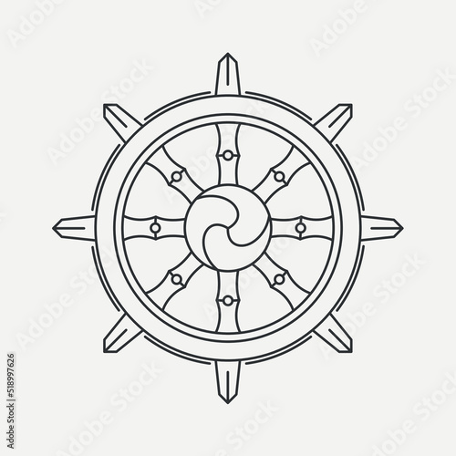 Dharma Wheel symbol of Buddhism and Hinduism. Dharmachakra line art. Teach and walk to the path of Nirvana. Vector illustration