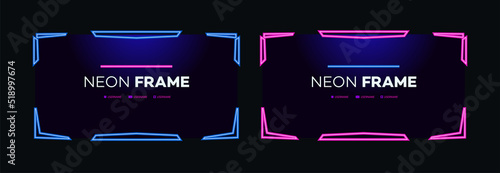 Neon frame design template modern theme. Streaming screen panel overlay game. Live video, online stream futuristic technology. Abstract digital user interface. Live streaming button. Vector 10 eps photo