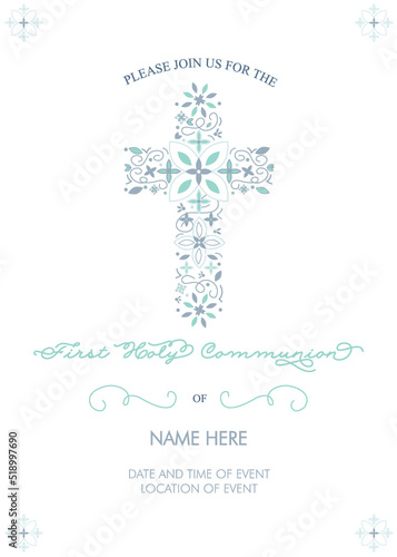 First Holy Communion Invitation with Blue and Teal Illustrated Floral Cross