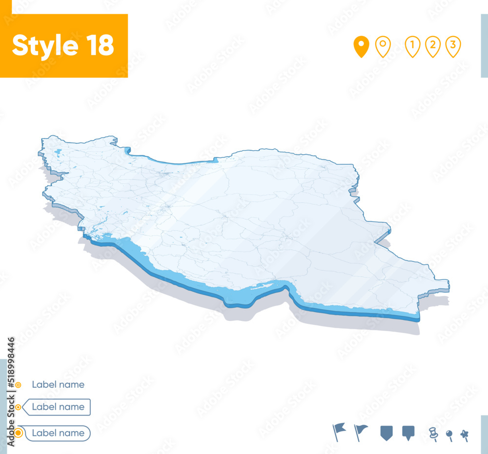 Iran - 3d map on white background with water and roads. Vector map with shadow.