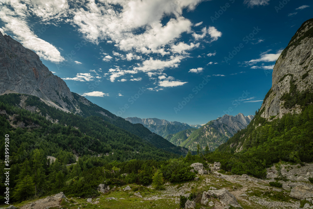 VIew to Soca river valley in summer hot blue sky day
