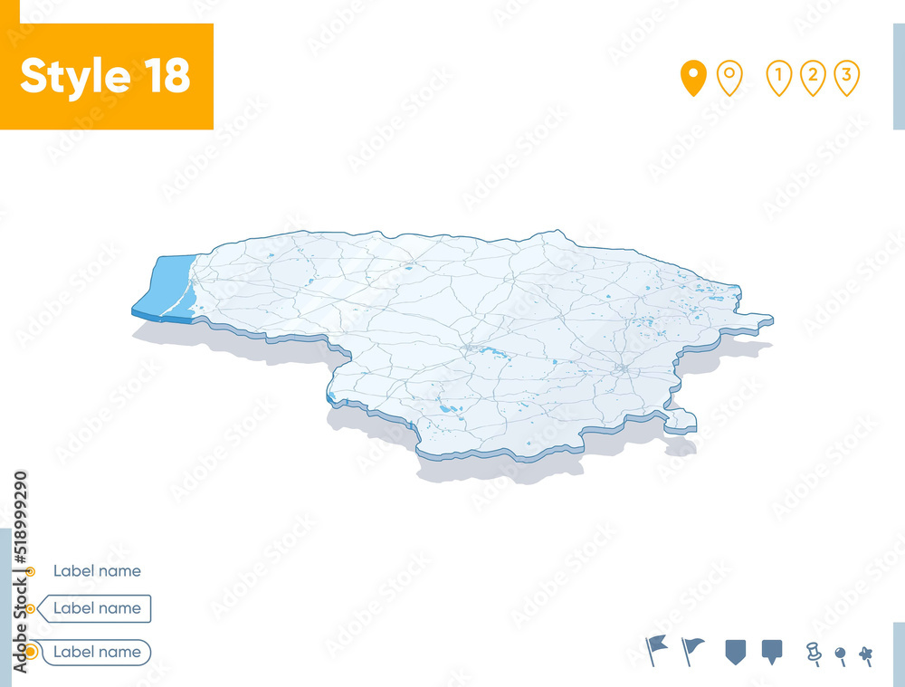 Lithuania - 3d map on white background with water and roads. Vector map with shadow.