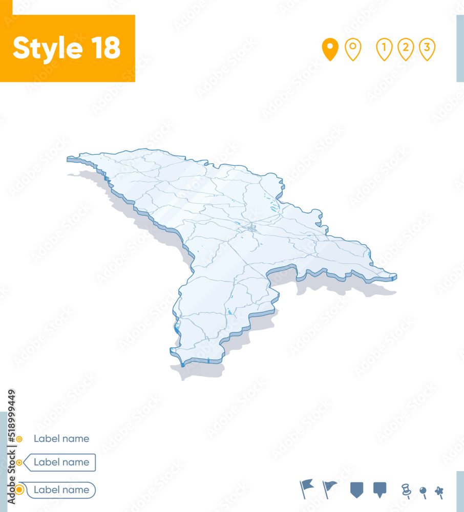 Moldova - 3d map on white background with water and roads. Vector map with shadow.