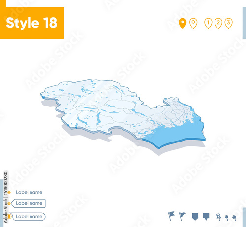 Vestfold Og Telemark, Norway - 3d map on white background with water and roads. Vector map with shadow.
