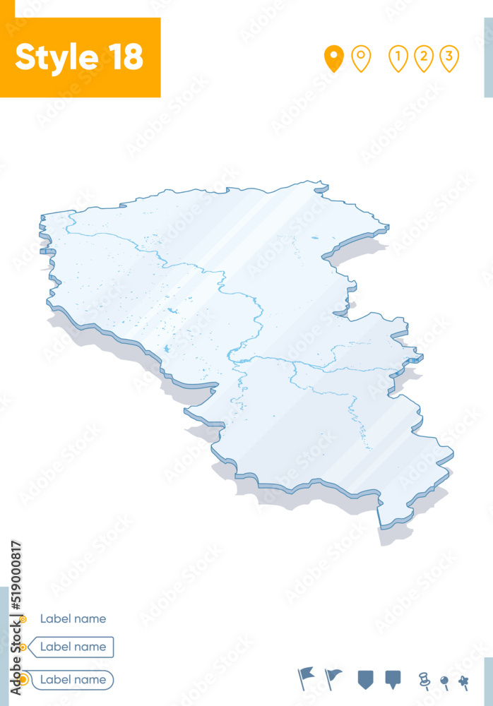 Kemerovo Region, Russia - 3d map on white background with water and roads. Vector map with shadow.