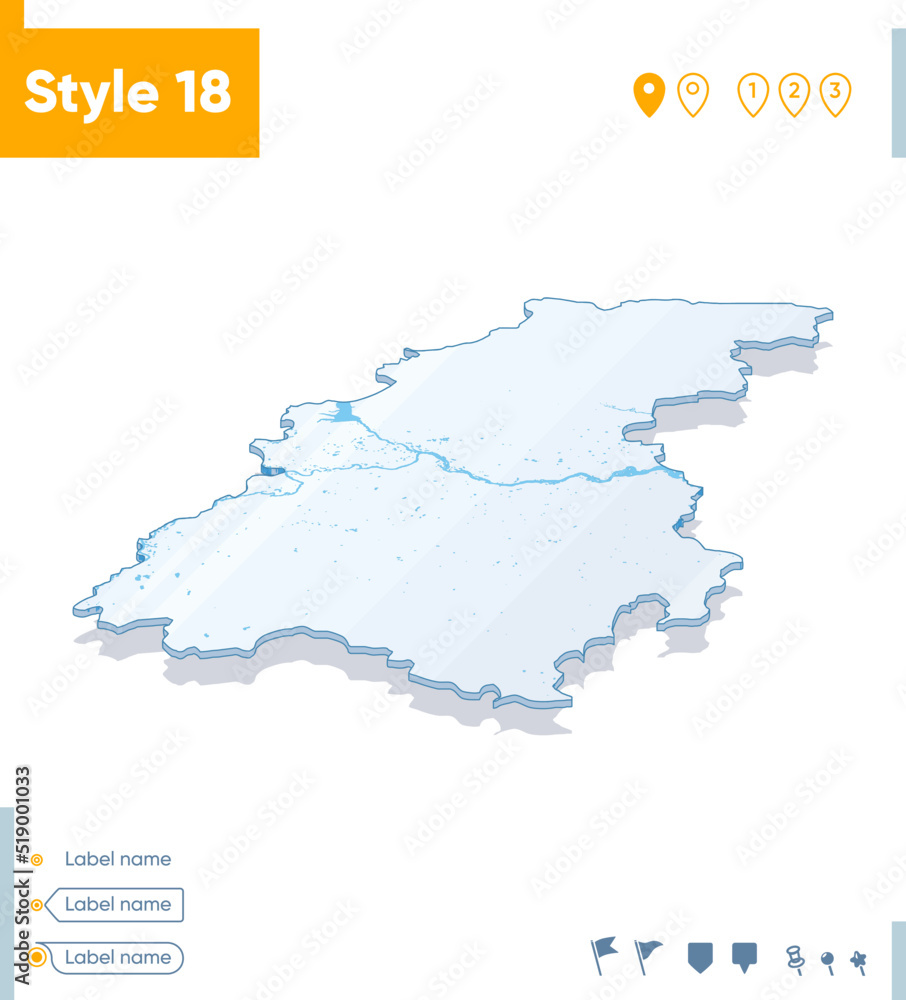 Obraz premium Nizhny Novgorod Region, Russia - 3d map on white background with water and roads. Vector map with shadow.