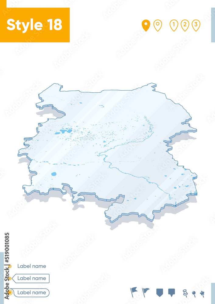 Omsk Region, Russia - 3d map on white background with water and roads. Vector map with shadow.