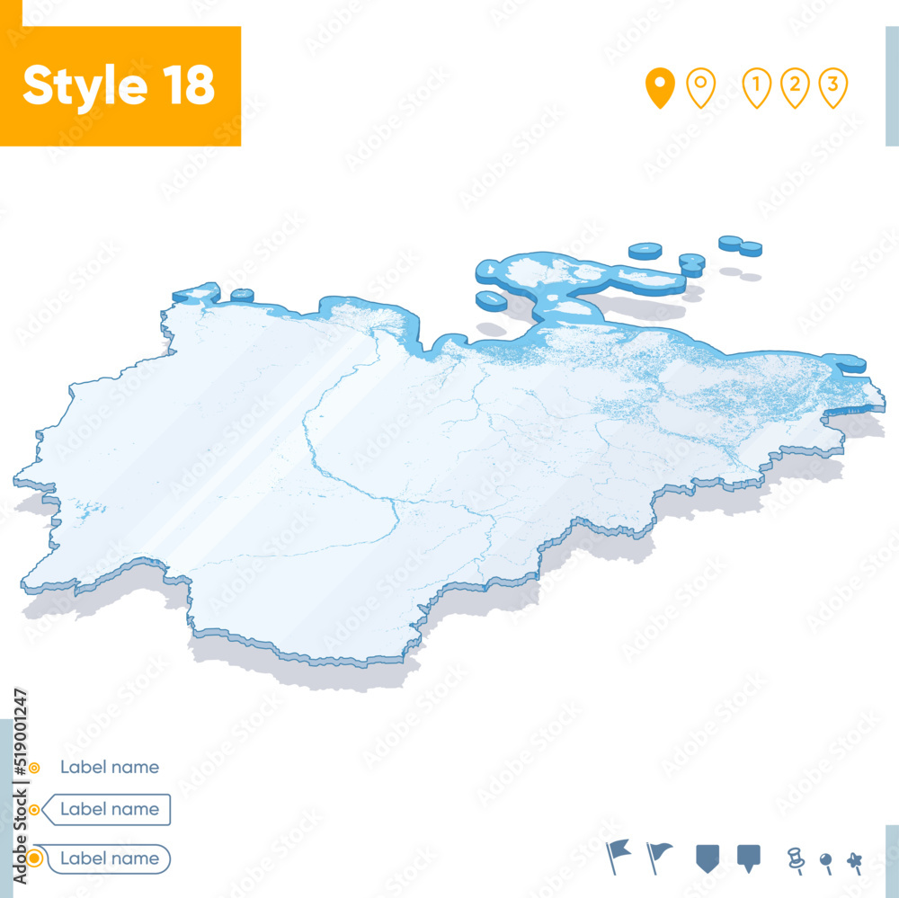 Republic of Sakha Yakutia, Russia - 3d map on white background with water and roads. Vector map with shadow.