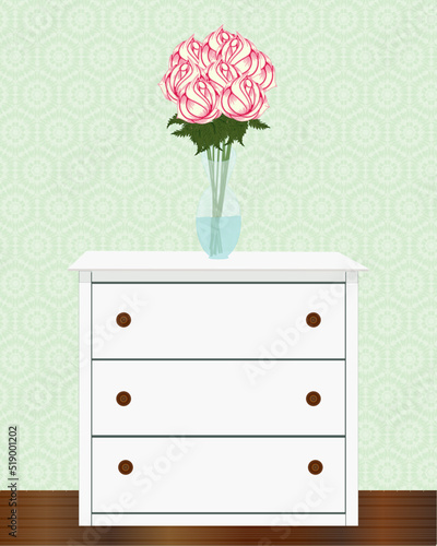 White Dresser with vase of cream and blush roses on top