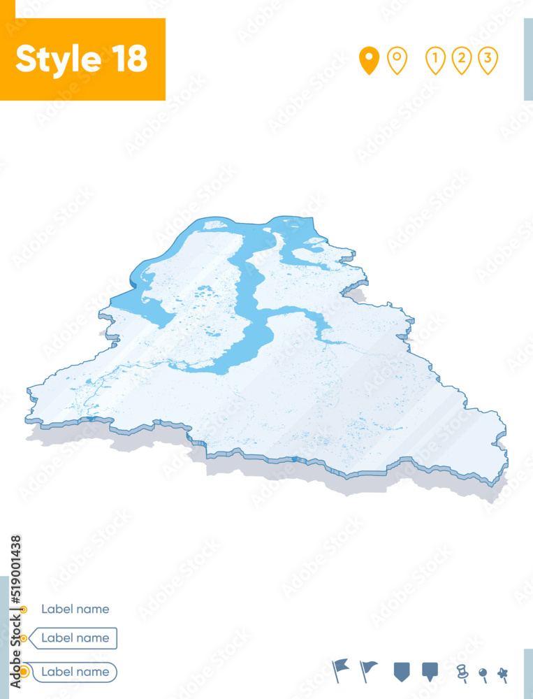 Yamal Nenets Autonomous Area, Russia - 3d map on white background with water and roads. Vector map with shadow.