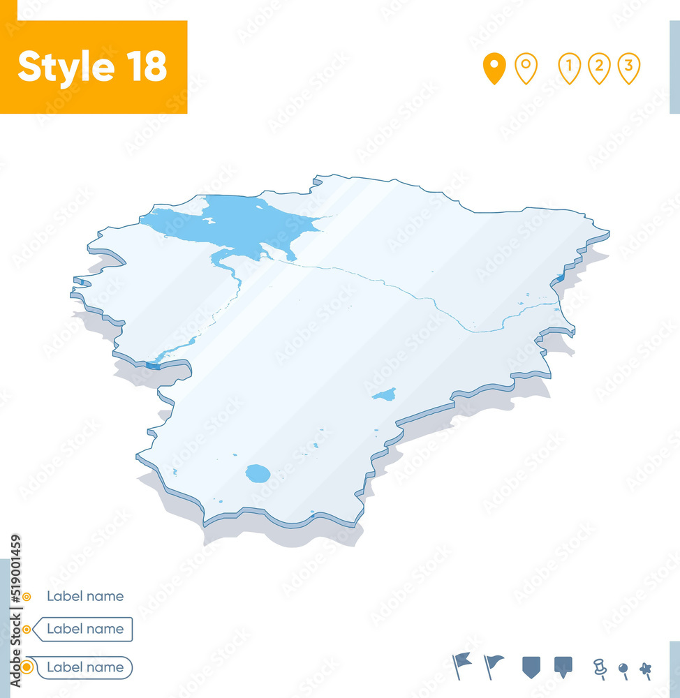 Yaroslavl Region, Russia - 3d map on white background with water and roads. Vector map with shadow.