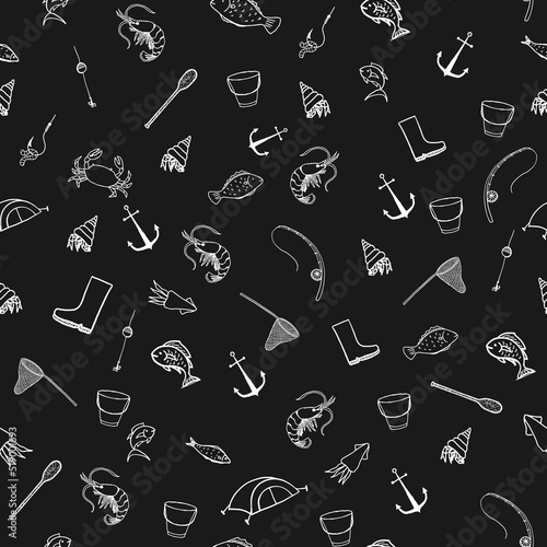 Fishing doodle seamless pattern which depicts an anchor, fish, crab, squid, hook, worm, landing net, paddle on a black background.