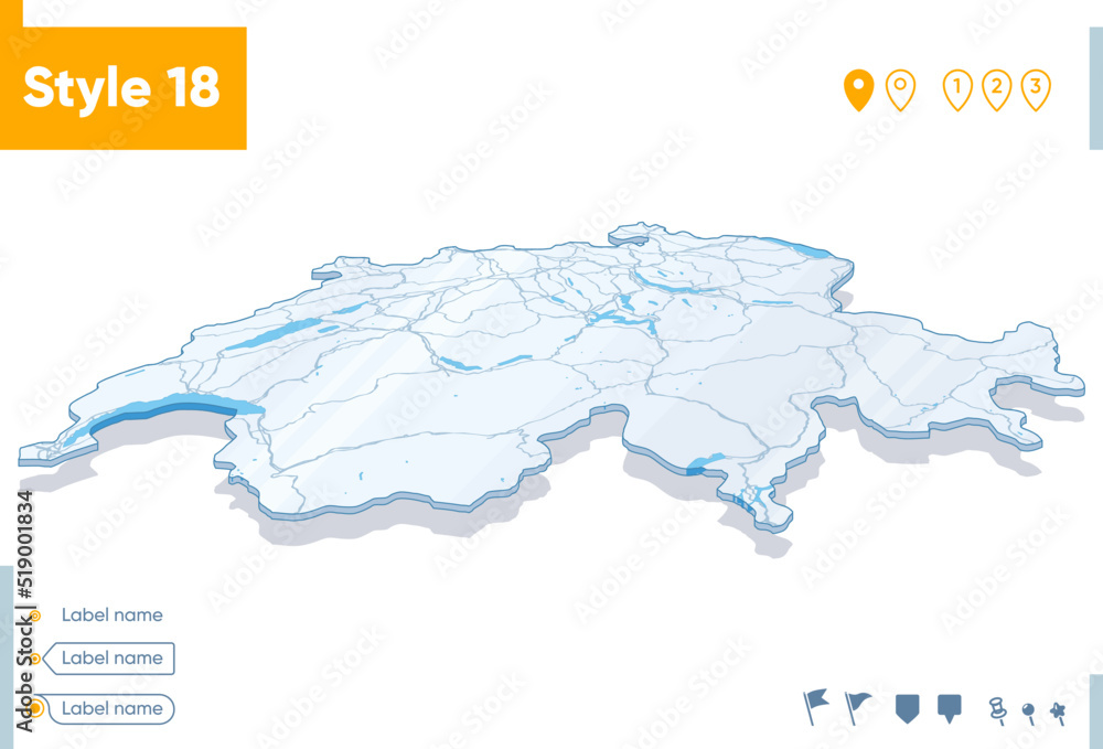 Switzerland - 3d map on white background with water and roads. Vector map with shadow. Switzerland - 3d map on white background with water and roads. Vector map with shadow.