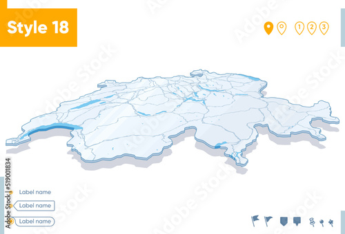 Switzerland - 3d map on white background with water and roads. Vector map with shadow.