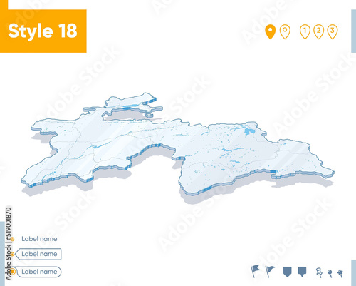Tajikistan - 3d map on white background with water and roads. Vector map with shadow.