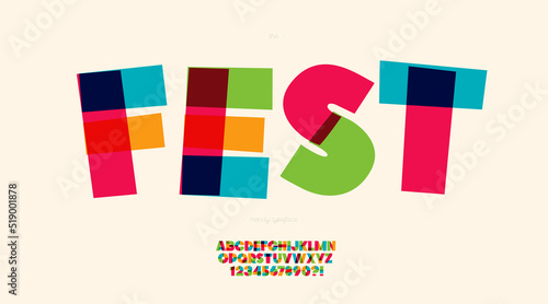 Fest font color style for t shirt, party poster, kids book, flier, decoration, card, sale banner, printing on fabric, industrial. Cool typeface. Trendy alphabet. Vector 10 eps