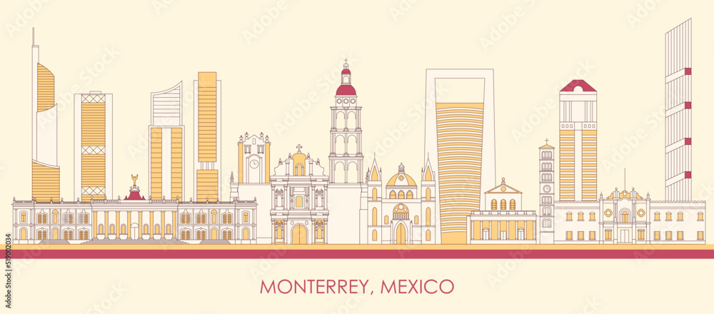 Cartoon Skyline panorama of city of Monterrey, Mexico - vector illustration