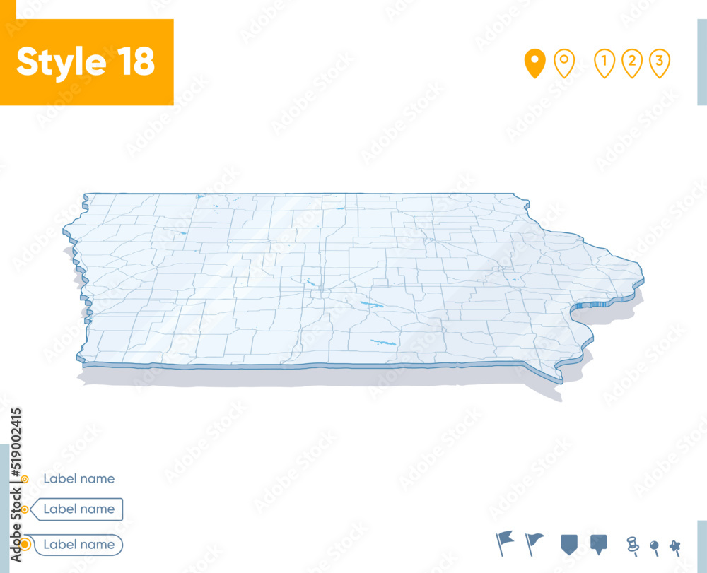 Iowa, USA - 3d map on white background with water and roads. Vector map ...