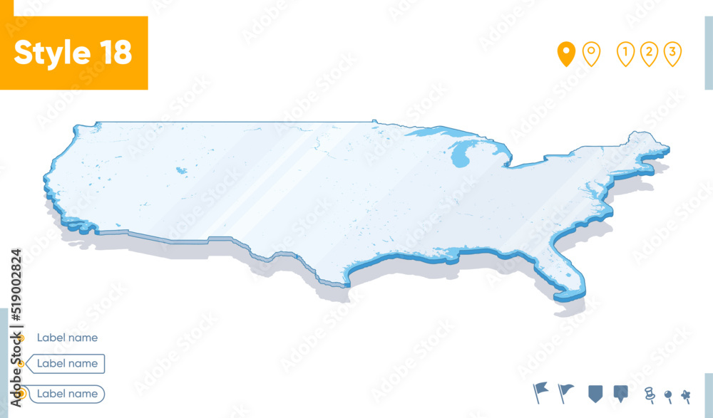 USA, United States Of America - 3d map on white background with water and roads. Vector map with shadow.
