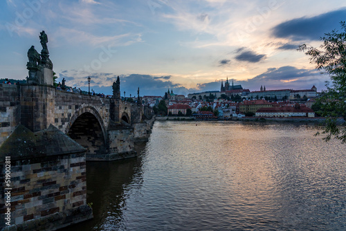 Vitava River and Carl Bridge in the evening. © Ieva