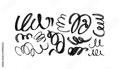 Black swirl charcoal lines collection. Scribble curly brush strokes vector set. looped charcoal lines. Dry black pencil or graphite drawing. Hand drawn calligraphy swirls, swashes and flourishes.