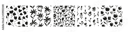 Set of black brush flowers seamless patterns. Simple small flowers ornament. Hand drawn vector botanical motives. Ornaments with chamomiles, daisy, meadow herbs and different others buds and stems. 