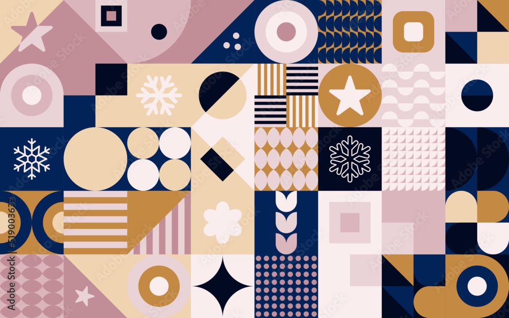 Geometryczna kompozycja - kolorowa mozaika z gwiazdkami i płatkami śniegu. Powtarzający się wzór w stylu bauhaus do zastosowania jako tło do projektów. - obrazy, fototapety, plakaty 
