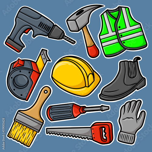 Sticker Set Hand Drawn Builder mechanic Cartoon Illustration
