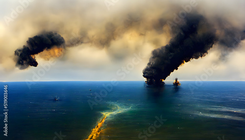 Ölkatastrophe im Ozean mit einer brennenden Ölplattform