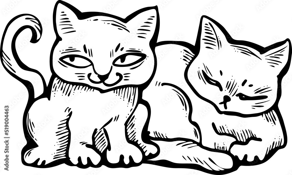 Cute cats friends sitting together. Decorative border, banner, postcard, poster print for kids room or birthday. Logo design for veterinary. Hand drawn illustration. Cartoon character vector drawing. Cute cats friends sitting together. Decorative border, banner, postcard, poster print for kids room or birthday. Logo design for veterinary. Hand drawn illustration. Cartoon character vector drawing.