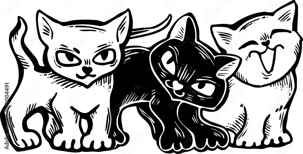 Obraz premium Cute cats friends sitting together. Decorative border, banner, postcard, poster print for kids room or birthday. Logo design for veterinary. Hand drawn illustration. Cartoon character vector drawing.