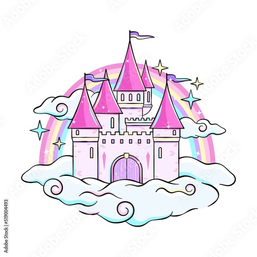Magic sparkling castle on clouds with rainbow behind it, cute fantasy cartoon style vector drawing